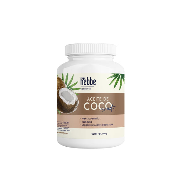 HEBBE - ACEITE DE COCO PARA USO EXCLUSIVAMENTE COSMÉTICO | Hidratante Todo Tipo de Piel | Cabello y Cuero Cabelludo Nutridos | 500 gr | Ideal para Elaborar Productos Naturales | Perfecto para Tratamientos Capilares Profundos