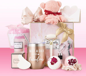 Lecone - Regalos de cumpleaños para mujeres, 13 piezas de regalo de spa para mujeres, vasos de vino, cestas de regalo para mujeres, mamá, hermana, novia, maestra (Rosa)