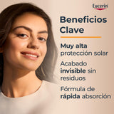 ▶Eucerin Sun Face Hydro-Fluid Protector Solar Facial Ultra-Ligero SPF 50+ 50ml Textura ligera, refrescante y de secado rápido. No deja el rostro brilloso.