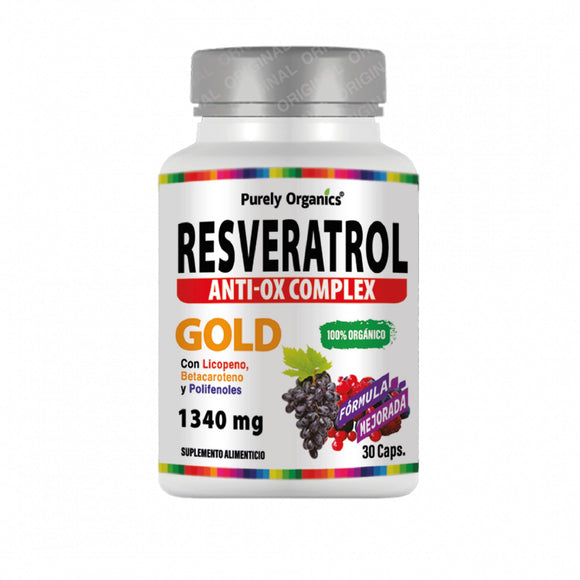 Suplemento Antioxidante 1340mg | Resveratrol + Polifenoles, Betacaroteno, Licopeno y Vitamina C | Anti Ox complex | Purely Organics | Resveratrol Gold | Cápsulas Veganas | (1 Unidad de 30 cápsulas).