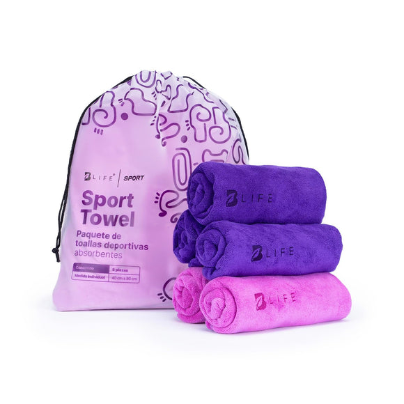 B Life | Toalla Deportiva Absorbente | Kit 5 Toallas Rosa/Morado | Secado Rápido | Compacta y fácil de Transportar.
