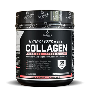 Sascha Fitness Multi Colágeno Hidrolizado | Ácido Hialurónico | Biotina | Cynatine HNS | Vitamina C & E - Sabor Limonada de Fresa