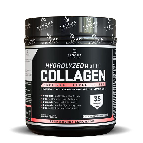 Sascha Fitness Multi Colágeno Hidrolizado | Ácido Hialurónico | Biotina | Cynatine HNS | Vitamina C & E - Sabor Limonada de Fresa