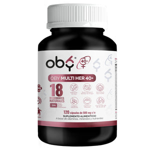 Oby Vitaminas para Mujer +40 | Isoflavonas, Maca, Myo inositol, Colageno Hidrolizado, Onagra, Ñame, Calcio, Hierro, Zinc | Multivitamico Mujer 120 capsulas | 18 nutrientes naturales especializados
