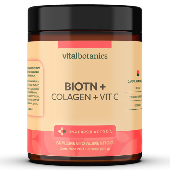 Biotina Pura + Colageno Hidrolizado con 200 capsulas [6 meses]. VitalBotanics. Biotina. Suplemento Multivitaminico Con Biotina Colageno y Vitamina C para Hombre y Mujer. Vitaminas.