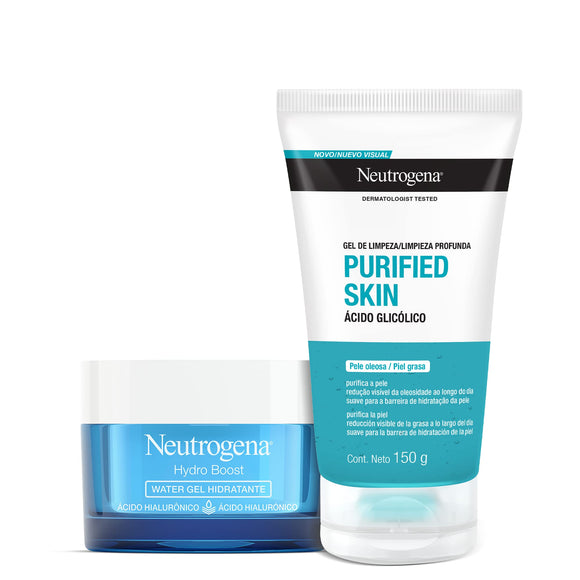 ▶ Neutrogena  Hidratante Facial Hydro Boost Water gel 50 g + Gel Limpiador Facial Purified Skin Ácido glicólico 150 g