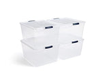 ▶ Rubbermaid Cleverstore - Recipientes de plástico apilables con tapas de cierre duraderas, organización visible, ideal para decoraciones navideñas y almacenamiento de Navidad, paquete de 4