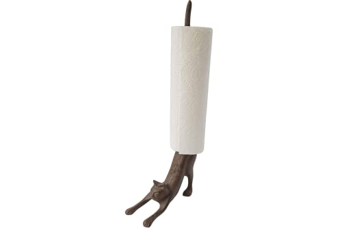 Soporte decorativo para toallas de papel o papel higiénico con diseño de gato de yoga – Adorable gatito de postura "Downward Dog" – Soporte para toallas de papel de hierro fundido envejecido – Múltiples usos – 19 pulgadas de alto.