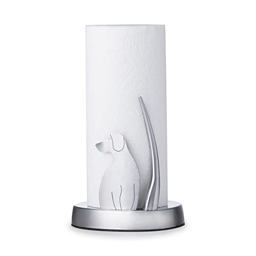 Soporte vertical para toallas de papel de Everyday Solutions, diseño de perro, resorte de tensión de cola de perro que evita que se deshilache, construcción de acero inoxidable, base pesada para montaje vertical en encimera o mesa