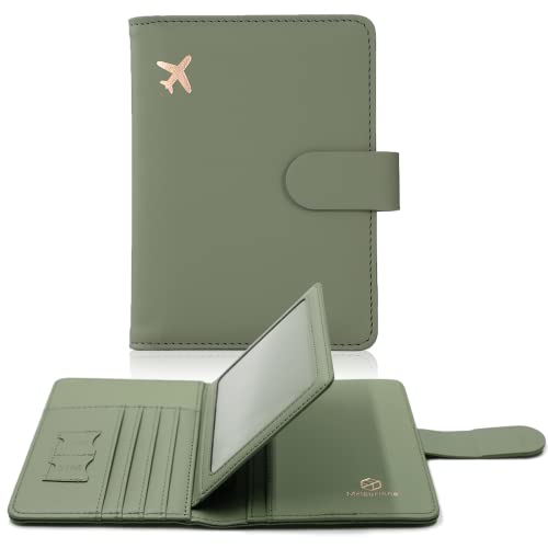 Melsbrinna Soporte para pasaporte, ranuras para tarjetas, bonita funda para pasaporte para mujeres/hombres, portafolios de viaje impermeable con bloqueo RFID, Verde musgo, Viajar