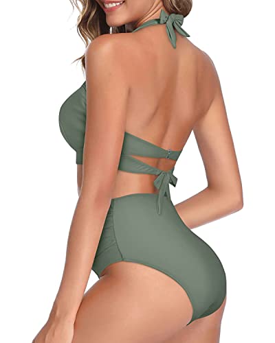 Me Traje de baño clásico de dos piezas para mujer, bikini de cintura alta fruncida con parte inferior, Verde oliva, M