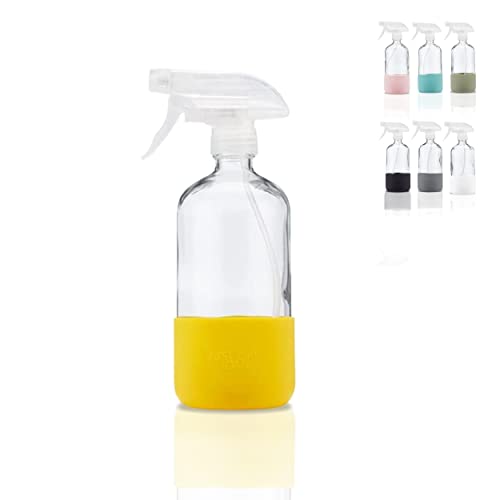 Just Like Joan Botellas de vidrio para soluciones de limpieza, botellas vacías con funda de silicona, aceites esenciales, plantas, lejía, recargables, de 16 onzas, aptas para alimentos, color amarillo limón
