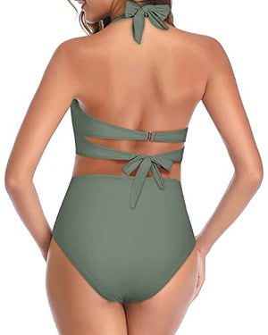 Me Traje de baño clásico de dos piezas para mujer, bikini de cintura alta fruncida con parte inferior, Verde oliva, M