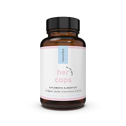 Her Caps | alquimēa | Pelo, Uñas y Piel | Fórmula con Ácido Hialurónico, Colágeno, Biotina, Ácido Fólico, Vitamina E y más — 60 Cápsulas