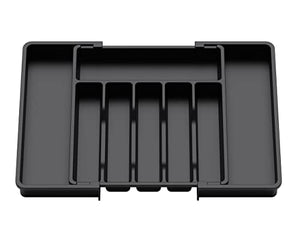 Organizador de cajones de cubiertos, bandeja extensible para utensilios de cocina, soporte ajustable para cubiertos y cubiertos, almacenamiento compacto de plástico para cucharas, tenedores, cuchillos, grande, negro