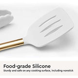 Juego de utensilios de cocina de silicona blanca y dorada con soporte, juego de 7 utensilios de cocina dorados que incluye batidor dorado, espátula dorada, utensilios de cocina blancos y soporte de utensilios dorados, accesorios de cocina dorados