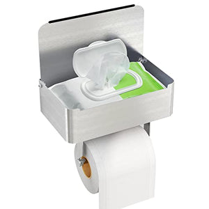 Soporte de papel higiénico con estante, dispensador de toallitas desechables para almacenamiento de toallitas de baño, mantiene tus toallitas ocultas fuera de la vista, organizador de pared de acero inoxidable SUS304 (níquel cepillado)