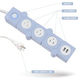 iJoy Regleta de alimentación flexible, 3 salidas de CA y 2 puertos de carga USB con cable de extensión de 5 pies, extensor de salida protector de sobretensiones decorativo para oficina en casa, recámara, habitación y más (azul claro)