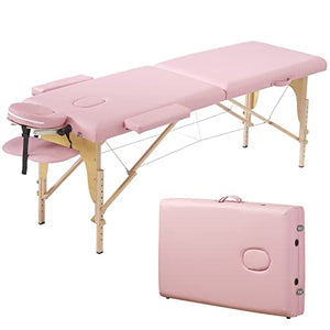 Mesa de masaje plegable, portátil, 2 secciones, para cama, spa, patas de madera, con bolsa de transporte, soporte para cabeza, reposabrazos, agujero para la cara, fácil instalación, ligera, altura ajustable de 24 a 33 pulgadas, color rosa