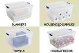 ▶ Rubbermaid Cleverstore - Recipientes de plástico apilables con tapas de cierre duraderas, organización visible, ideal para decoraciones navideñas y almacenamiento de Navidad, paquete de 4
