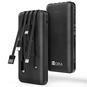 1 Hora Power Bank 10000 mah Ultra Slim de Bateria Portatil con 4 Cables Incorporados Tipo C USBc y Luz Carga Powerbank 10000 Compatible para IP, Samsung, Xiaomi,Negro