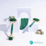 Rodillo Masajeador Facial de Jade, Piedra Gua Sha y Pincel de Silicona | Roller y Guasha en Cristal de Jade Verde 100% Natural | Kit de Masaje Manual para Rostro, Contorno de Ojos y Cuello
