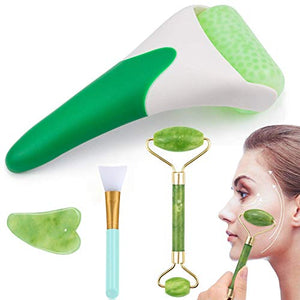 Kit de Rodillo Masajeador Facial de jade 4 en 1, rodillo de hielo para masaje facial y ojos,facial Gua Sha,cepillo de mascarilla de silicona, Facial Masaje Piedra Para Cuello Cara Ojos Cabeza CuerpoPiel Que Aprieta, Antienvejecimiento, Circulación Sanguín