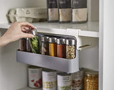 Joseph Joseph CupboardStore - Organizador de especias tipo cajón extraíble con cinta 3M para debajo de estante, almacenamiento para gabinete, tamaño único, gris/blanco