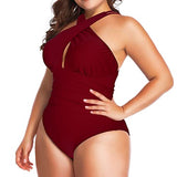 Traje de baño de una Pieza para Mujer, Talla Grande, Control de Abdomen, Fruncido, Forro Completo, Frente Cruzado, sin Espalda