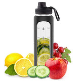 Botella de agua de vidrio de 32 onzas con marcador de tiempo y funda de silicona negra, tapa extra, botellas de agua de vidrio motivacionales, reutilizables, boca ancha, a prueba de fugas, botella de vidrio de 1 litro, sin BPA