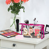 ▶ Neceser de cosméticos con letras universitarias, estético, impermeable, portátil, bolsa de cosméticos de PVC transparente con cierre, bolsa de mano de uso diario, bolsa de maquillaje de viaje para mujeres y niñas (rojo rosa)