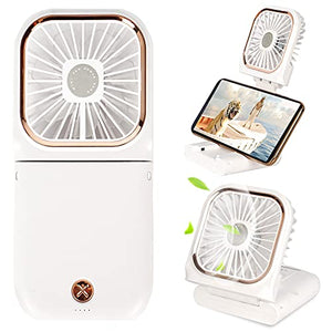 Mini ventilador portátil con pilas 5 en 1 como banco de energía, soporte para teléfono, ventilador de mano, ventilador de escritorio, ventiladores de mano personales recargables por USB, batería de 3000 mAh, 3 velocidades ajustables, cordón para el cuello