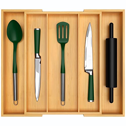 Organizador de cajones de cocina de bambú de lujo, organizador de utensilios expandible para cajón, soporte de utensilios y cubiertos y bandeja de cubiertos (natural, 20 x 17.5 pulgadas)