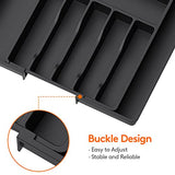 Organizador de cajones de cubiertos, bandeja extensible para utensilios de cocina, soporte ajustable para cubiertos y cubiertos, almacenamiento compacto de plástico para cucharas, tenedores, cuchillos, grande, negro
