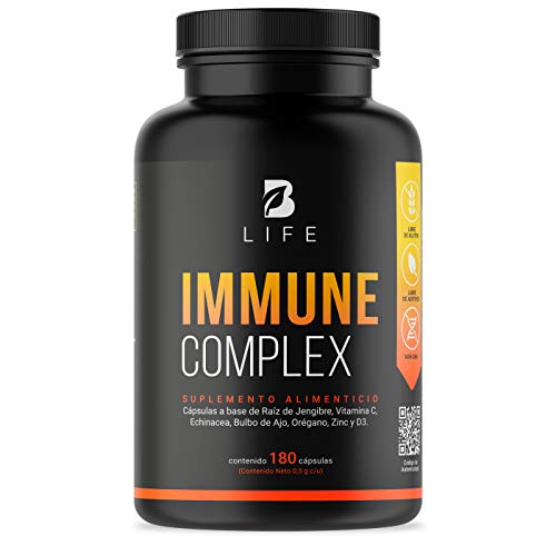 Suplemento Sistema Inmune 180 Cápsulas Vitamina C, D3, Zinc, Echinacea, Oregano, Ajo y Jengibre. Immune Complex B Life
