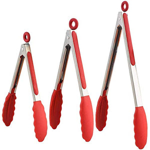 Pinzas de Cocina, MTQ 3 PIEZAS Pinzas de Acero Inoxidable con Seguro, Kit de Pinzas de Silicona de 7", 9" y 12", con Puntas de Silicona Antiadherentes, Alta Resistencia al Calor a 480 ° F, (Rojo)