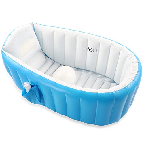 Bañera inflable para bebé, tina de viaje antideslizante portátil para niños pequeños, alberca gruesa plegable para baño con bomba de aire, azul