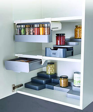 Joseph Joseph CupboardStore - Organizador de especias tipo cajón extraíble con cinta 3M para debajo de estante, almacenamiento para gabinete, tamaño único, gris/blanco
