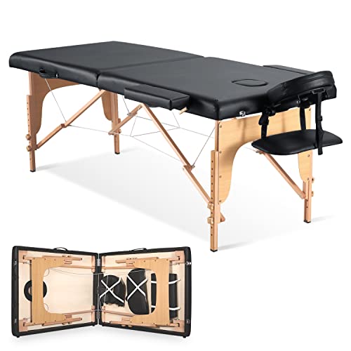 Mesa de masaje portátil, cama de masaje, cama de pestañas, cama facial, cama de spa, mesa de tatuaje, ajuste de altura con accesorios y bolsa de transporte, 2 secciones de madera