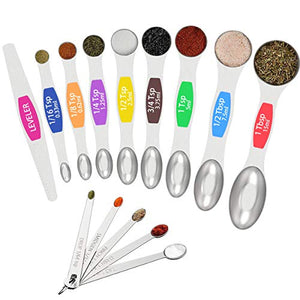 Juego de 14 cucharas medidoras de acero inoxidable, incluye 8 cucharas medidoras magnéticas de doble cara, 1 nivelador y 5 mini cucharas medidoras, para ingredientes secos y líquidos, cabe en tarros de especias