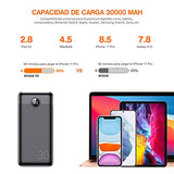 ▶ Powerbank 30000 mAh Carga Rápida Batería Externa Pila QC 3.0, 20W PD Cargador Portátil Batería Con Pantalla LED Indicador, TipoC Bidireccional Compatible Para Android iPhone Quick Charge 3.0, Banco de Energía 3 Salidas Con Cable Micro USB 20CM -Negr