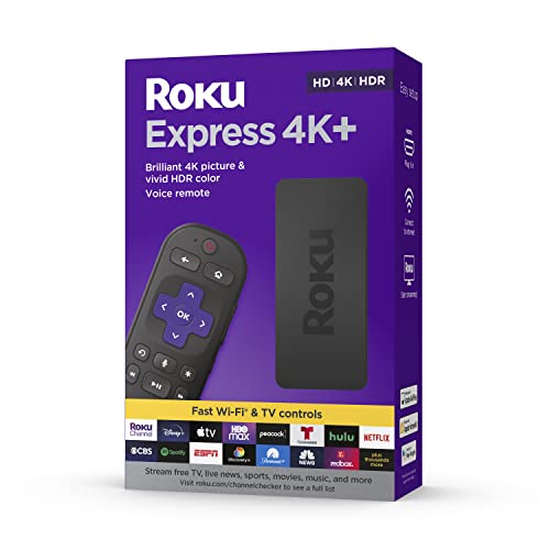 ROKU Express 4K+ | Reproductor Multimedia de transmisión HD/4K/HDR con transmisión inalámbrica Suave y Control Remoto de Voz con Controles de TV, Incluye Cable HDMI Premium