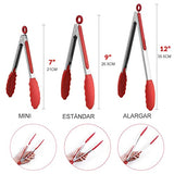 Pinzas de Cocina, MTQ 3 PIEZAS Pinzas de Acero Inoxidable con Seguro, Kit de Pinzas de Silicona de 7", 9" y 12", con Puntas de Silicona Antiadherentes, Alta Resistencia al Calor a 480 ° F, (Rojo)