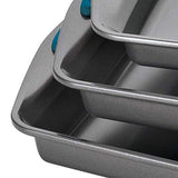 Juego de sartenes antiadherentes para galletas, 3 piezas, color gris con empuñaduras azul marino