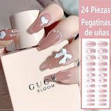 Paquete de 4 uñas postizas mate, 96 hojas de parches para uñas, contiene 8 hojas de pegamento de gelatina para salón de uñas, decoración de uñas florales para mujeres y niñas (Sección larga - 4pk)