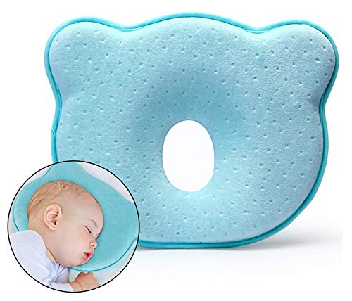 Almohada para Bebe, Salandens Almohada Bebe Previene Síndrome Cabeza Plana Plagiocefalia, Cojines para Bebe Recién Nacido,100% Algodón, Transpirable, Espuma de Memoria Suave, para Bebés de 0 a 12 Meses (Azul)