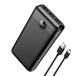 Powerbank 30000 mAh Carga Rápida Batería Externa Pila, Cargador Portátil Batería con Pantalla LED Indicador, Compatible para Android iPhone Quick Charge, Banco de Energía 3 Salidas, Cable 20CM