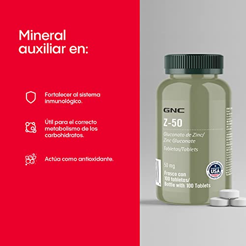 GNC, Zinc, 100 tabletas, 50 mg