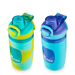 bubba Flo - Botella de agua para niños con funda de silicona, 16 onzas, paquete de 2, verde azulado isla y azul piscina