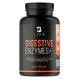 Enzimas Digestivas de 180 cápsulas. Ingredientes naturales: 20 billones de Probióticos, Papaína, Pancreatina, Bromelina, Lipasa. Digestive Enzimes B Life.